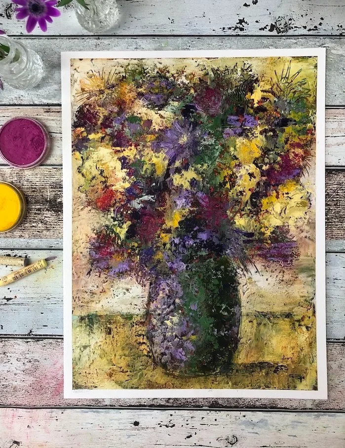Le tableau final de fleurs abstraites au cold wax et à l’huile réalisé pendant le cours