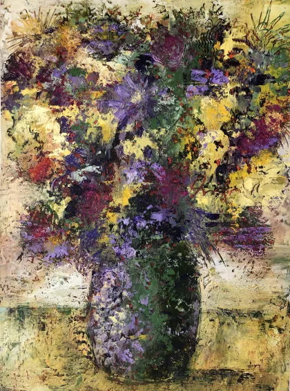 The finished abstract flower painting in cold wax and oils from the class