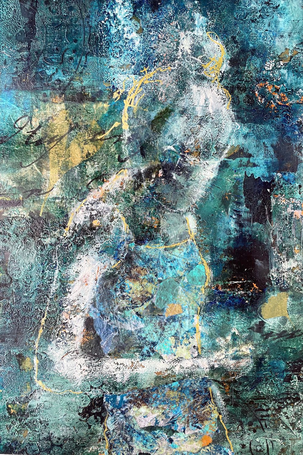 A detail of layered turquoise acrylic paint and loose gold marks