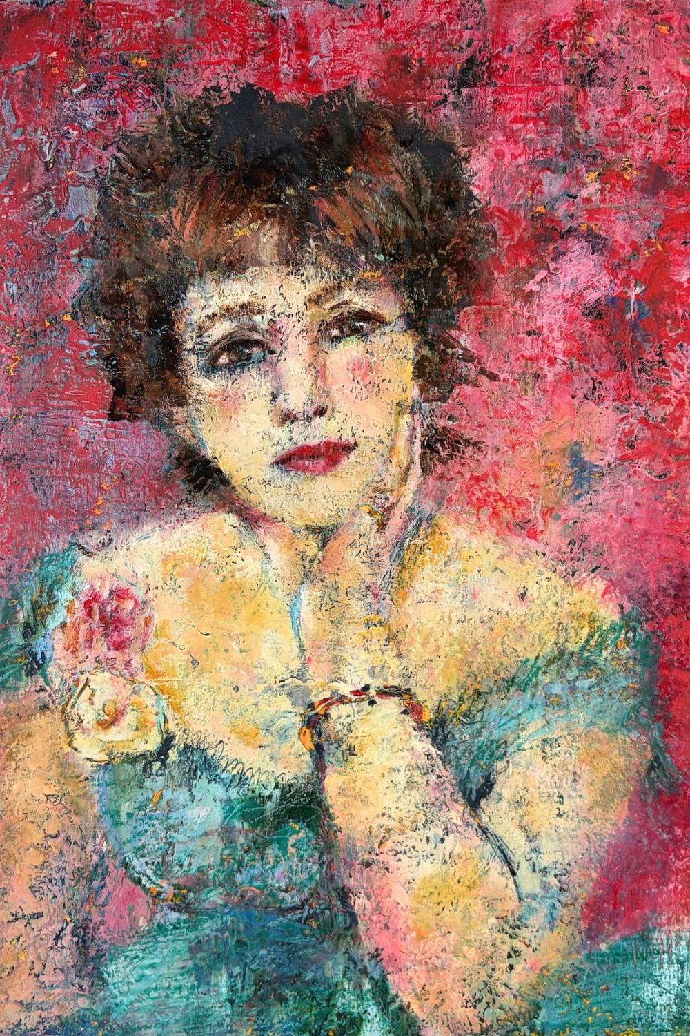 Marina's textured interpretation of Renoir's Jeanne Samary, in pink, gold and turquoise
