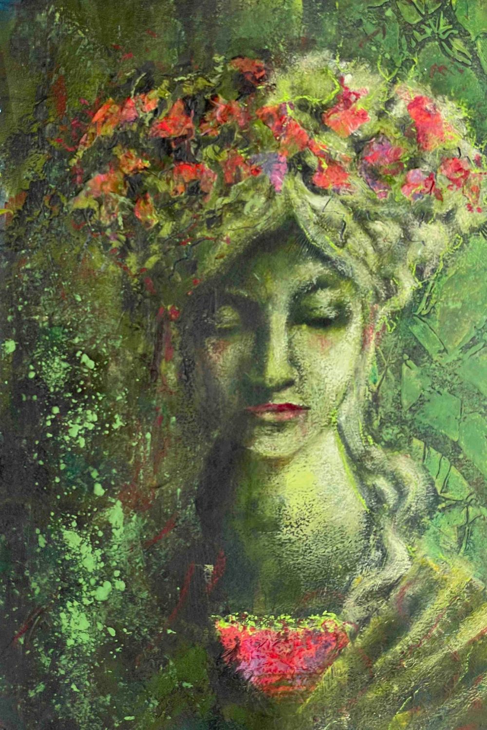 A painted statue emerging from green textured layers and red flowers