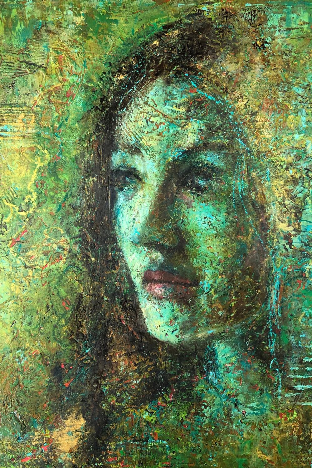 An expressive painted portrait in green, turquoise and golden textures