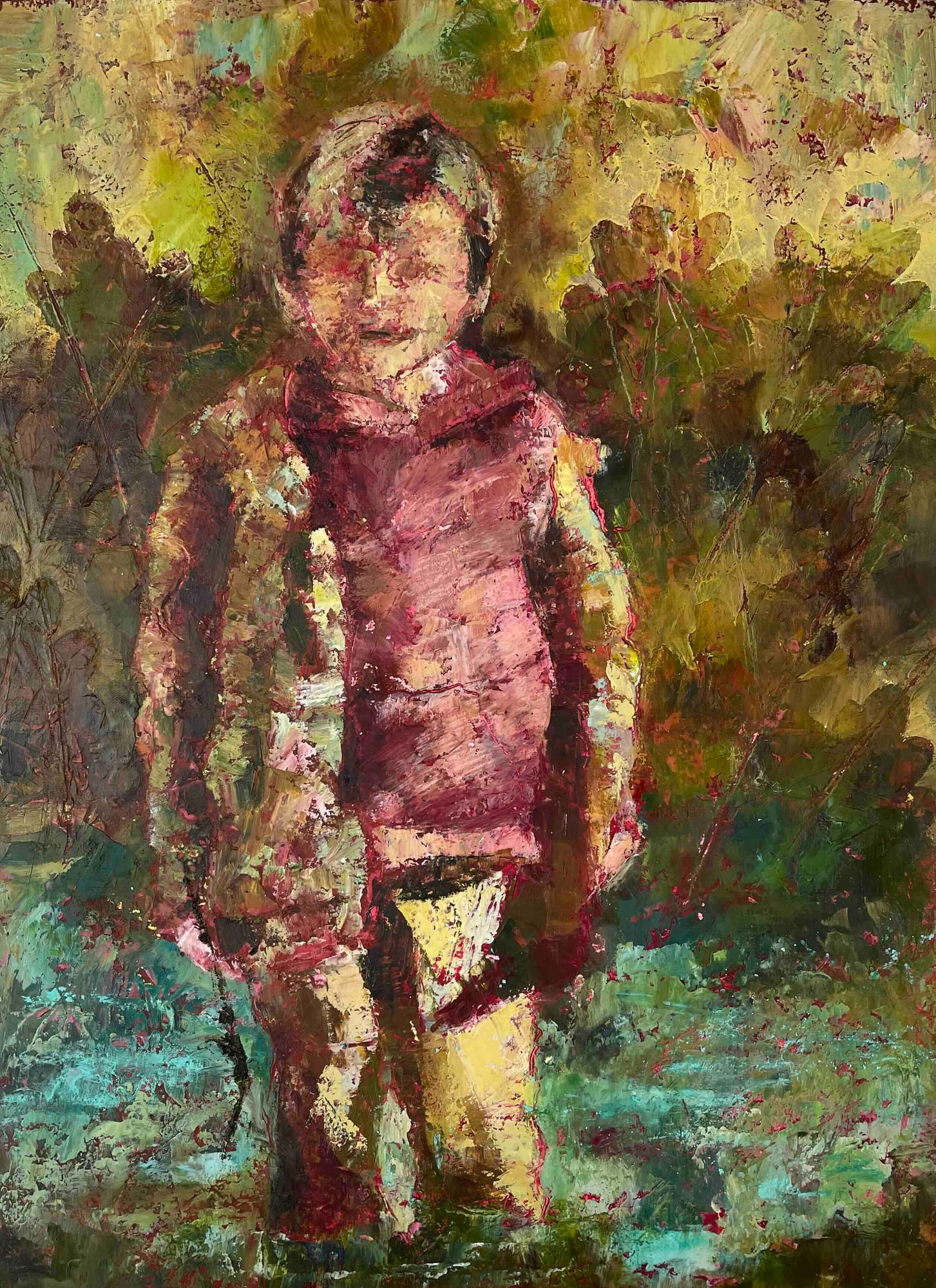 Peinture de Marina représentant un petit garçon qui ramasse des brindilles, avec un manteau rouge et des couches vertes et turquoise